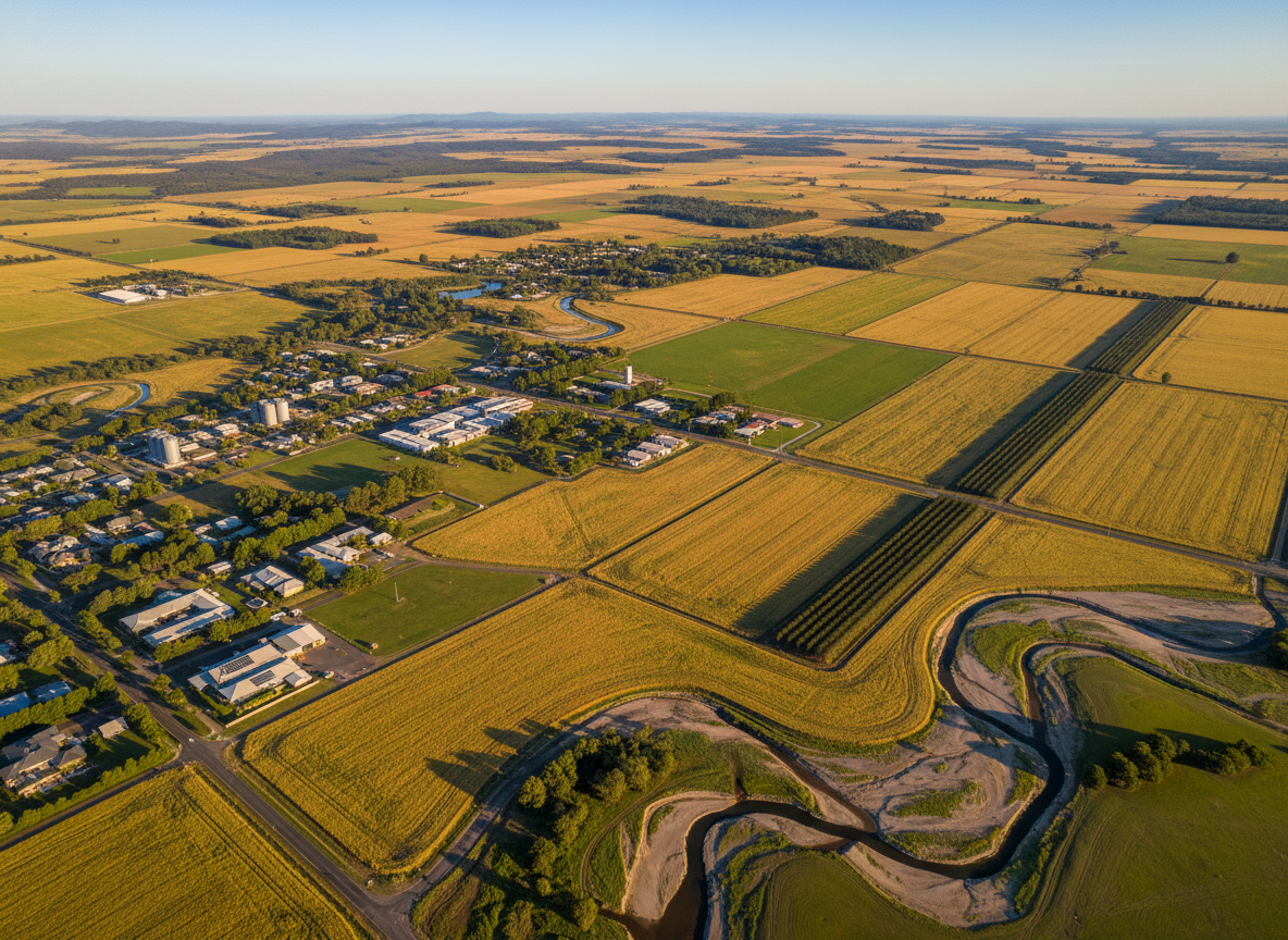 An expansive aerial view of a thriving regional Australian landscape, showcasing a mosaic of golden farmland, native bushland, winding rivers, and a compact township with modern low-rise buildings. Photographic realism captures the subtle variations in soil color, the neatly patterned fields, and reflective irrigation channels. Late afternoon golden hour light casts long, soft shadows from silos and windbreaks, creating depth and warmth. The sky is clear with a gentle gradient from pale blue to soft amber near the horizon. Shot from a high bird’s-eye perspective with crisp detail throughout, the composition conveys balance between nature and industry, evoking a calm, optimistic atmosphere aligned with long-term, responsible regional development.